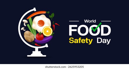 World Food Safety Day. Potato, chili, lemon, eggplan,  tomato, carrot, egg, mushroom, checklist and spring onion. Great for posters, banners, social media and more. Dark background.