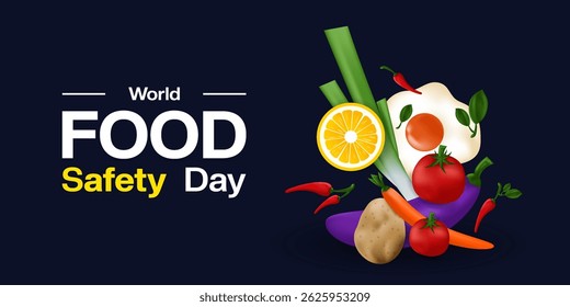 World Food Safety Day. Potato, chili, lemon, eggplan,  tomato, carrot, egg and spring onion. Great for posters, banners, social media and more. Dark background.