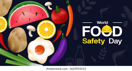 World Food Safety Day. Potato, chili, lemon, watermelon, eggplan,  tomato, carrot, egg, mushroom, spring onion and more. Great for posters, banners, social media and more. Dark background.