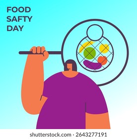 World Food Safety day. Searching girl. Foodborne risks. Flat vector illustration.