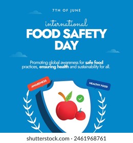 Día Mundial de la Seguridad Alimentaria. Publicación en redes sociales sobre seguridad alimentaria con escudo médico, frutas, verduras, silueta de mapa mundial y manzana. 7 de junio día de la comida saludable con fondo azul. Coma sano