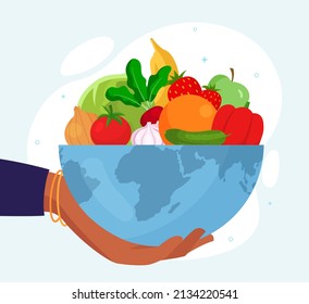 World food safety. Hand holds plate with vegetables, natural and fresh products. Vegetarian diet and nutrition, healthy lifestyle and sport, fitness and weight loss. Cartoon flat vector illustration
