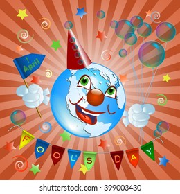 World Fools Day - 1 April. Radial Orange striped background with a greeting and the earth in clown dress inside. Vector illustration