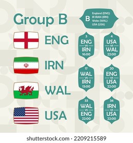 World football 2022 Group B. Flags of the national team countries. World soccer championship. Vector illustration.