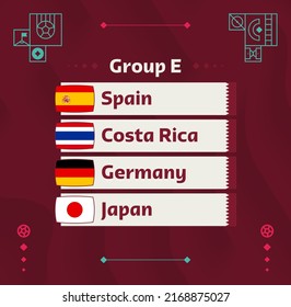 World football 2022 Group E. Flags of the countries participating in the 2022 World championship. Vector illustration