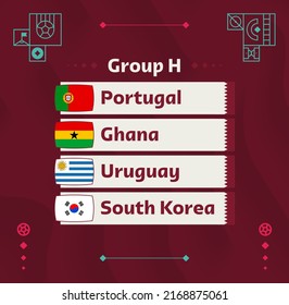 World football 2022 Group H. Flags of the countries participating in the 2022 World championship. Vector illustration