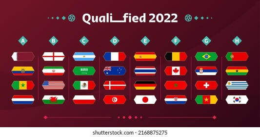 World football 2022 Groups and flags set. Flags of the countries participating in the 2022 World championship set. Vector illustration