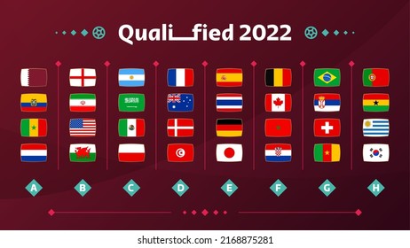 World football 2022 Groups and flags set. Flags of the countries participating in the 2022 World championship set. Vector illustration