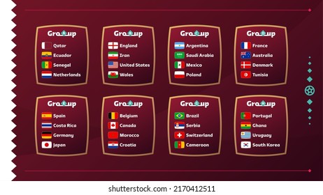 World football 2022 Groups and flags set. Flags of the countries participating in the 2022 World championship set. Vector illustration