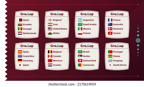 World Football 2022 Gruppen und Flaggen Set. Flaggen der Länder, die an der Weltmeisterschaft 2022 teilnehmen. Vektorgrafik