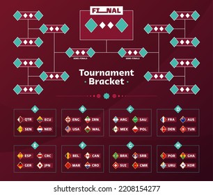 Programa del partido de la Copa Mundial de Fútbol 2022 con grupos y banderas nacionales. Corchete del torneo. Mesa de resultados de fútbol 2022, participando en el juego final del campeonato. ilustración vectorial.