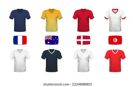 World football 2022 t-shirts, kits, jersey and flags collection. Group stage tournament with national flags and shirts of soccer teams. Vector illustration.