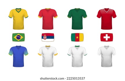 World football 2022 t-shirts, kits, jersey and flags collection. Group stage tournament with national flags and shirts of soccer teams. Vector illustration.