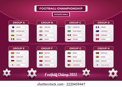 World football championship groups table template on red gradient abstract background design