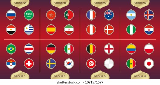 World football competition 2018, groups and circle flags of the teams, Russia