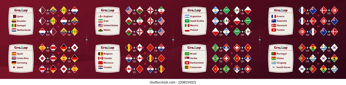 World football cup 2022 Groups and matches. national team Schedule match in the final stage at the 2022 Football World Championship. Vector illustration of world soccer matches.