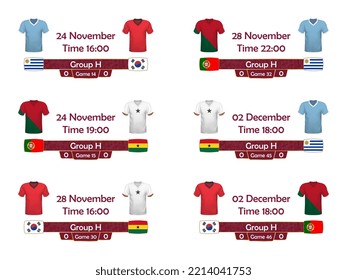 World football tournament group H 2022. Schedule match with national flags and t-shirts countries in soccer world championship. Vector illustration.