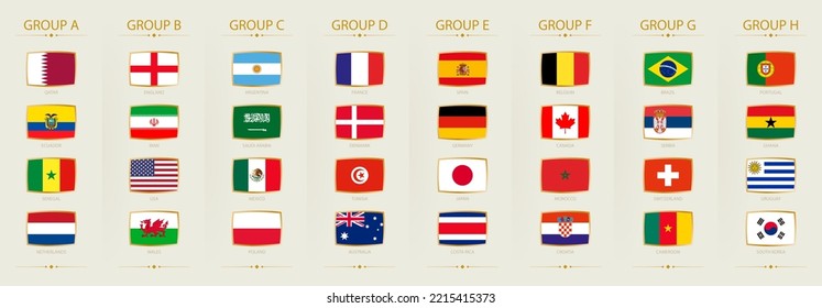 World football tournament participants flags, all groups and flags on light background. Vector collection.