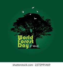 World forest day 21 march vector illustration. Silhouette big tree with green fresh gradient background. International forest day template background. 21 March. Vector Illustration.