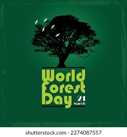 World forest day 21 march vector illustration. Silhouette big tree with green fresh gradient background. International forest day template background. 21 March. Vector Illustration.