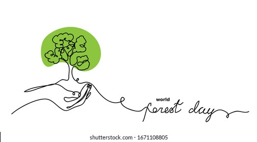 World forest day vector sketch, background. Green tree in hand concept. One continuous line drawing doodle, minimalistic web poster with tree.