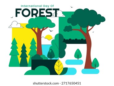 Ilustración vectorial del Día Mundial de la Silvicultura que presenta la conservación forestal mundial, la protección sostenible de la Naturaleza y la conciencia ambiental