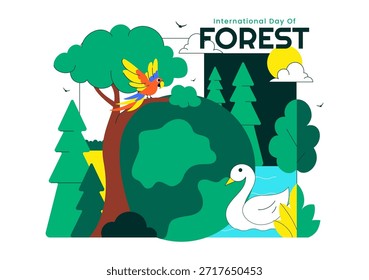 Ilustración vectorial del Día Mundial de la Silvicultura que presenta la conservación forestal mundial, la protección sostenible de la Naturaleza y la conciencia ambiental