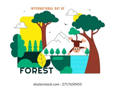 Ilustración vectorial del Día Mundial de la Silvicultura que presenta la conservación forestal mundial, la protección sostenible de la Naturaleza y la conciencia ambiental