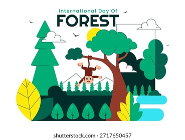 Ilustración vectorial del Día Mundial de la Silvicultura que presenta la conservación forestal mundial, la protección sostenible de la Naturaleza y la conciencia ambiental