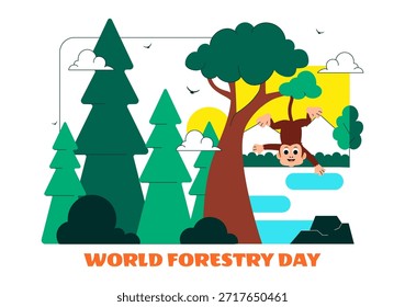 Ilustración vectorial del Día Mundial de la Silvicultura que presenta la conservación forestal mundial, la protección sostenible de la Naturaleza y la conciencia ambiental