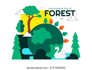 Ilustración vectorial del Día Mundial de la Silvicultura que presenta la conservación forestal mundial, la protección sostenible de la Naturaleza y la conciencia ambiental