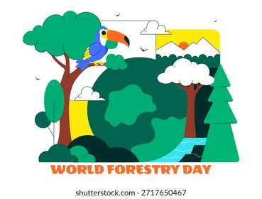 Ilustración vectorial del Día Mundial de la Silvicultura que presenta la conservación forestal mundial, la protección sostenible de la Naturaleza y la conciencia ambiental