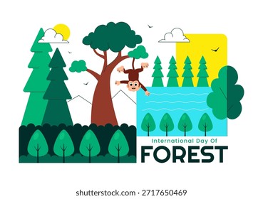 Ilustración vectorial del Día Mundial de la Silvicultura que presenta la conservación forestal mundial, la protección sostenible de la Naturaleza y la conciencia ambiental