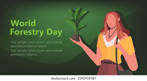 World Forestry Day. A woman holding a plant in her hand, symbolizing the importance of forest conservation,nature. This gesture highlights care for ecology and the environment. Vector Not AI generated