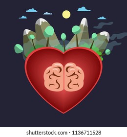 World in the form of the heart with the brain inside.  Vector illustration.