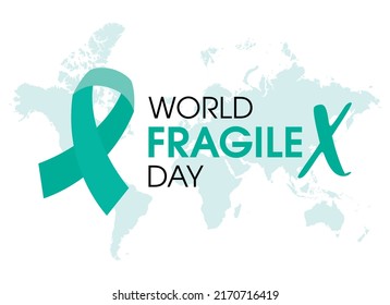 World Fragile X Day vector. Teal color awareness ribbon and world map silhouette icon vector isolated on a white background. July 22. Important day