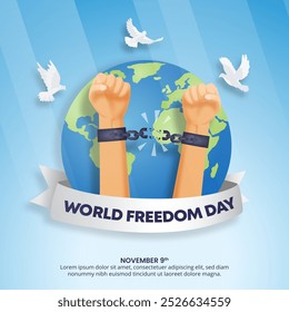 Fondo del Día Mundial de la Libertad con manos libres y pájaros