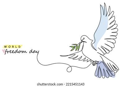 World freedom day celebration in november line art poster design. Banner and postcard concept. Continuous line drawing of dove with a twig in beak. Pigeon drawing concept. Flying free bird vector 