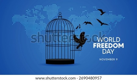 World Freedom Day Concept with Open Birdcage and Flying Birds Illustration