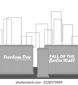 Día Mundial de la Libertad, las caídas del Muro de Berlín celebran el 9 de noviembre. Ilustración del Muro de Berlín con un fondo de arte lineal de edificios sobre un fondo blanco.