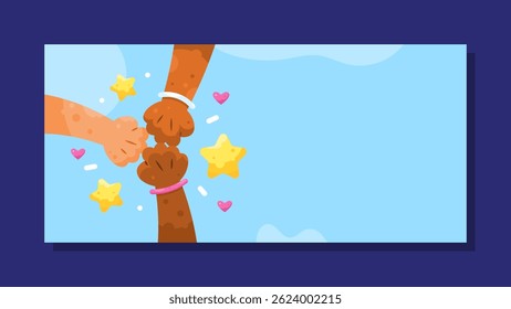 world friendship day banner. friends and bond. illustration of three fist bumping hands. hand gesture. concept of happy friendship day celebration. blue horizontal background. elements. flat style
