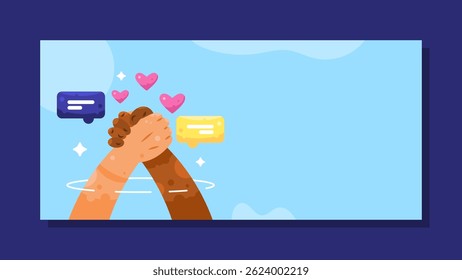 world friendship day banner. friends and bond. illustration of two hands holding each other. hand gesture. concept of happy friendship day celebration. blue horizontal background. elements. flat style