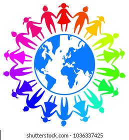 world friendship day sign symbol with colorful child around the earth