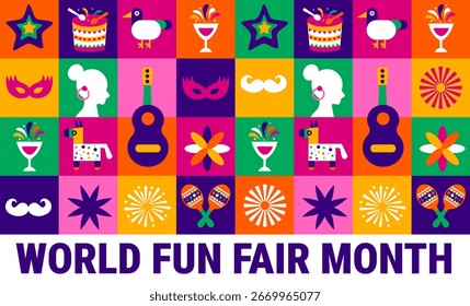 La Plantilla de fondo del Mes de la Feria Mundial de la Diversión, el Anuncio, la tarjeta o el diseño de carteles se observa todos los años durante septiembre, para crear conciencia sobre la misión. Ilustración vectorial.