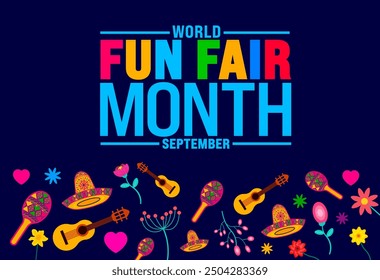 Der World Fun Fair Month findet jedes Jahr im September statt. Urlaubskonzept. Vorlage für Hintergrund, Banner, Karte, Poster, Plakat, Designvorlage mit einzigartigen Formen mit Standardfarbe.