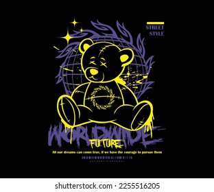 world future slogan with line art bear doll with spray effect style graphic design for clothing, t shirt design, streetwear, urban, hoodie and etc.