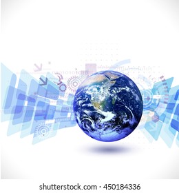 world and futuristic technology with digital and gear element concept background (Elements of this image furnished by NASA), vector illustration