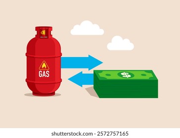 World gas prices. Investment, exchange between gas cylinder and  dollar money. Modern flat vector illustration