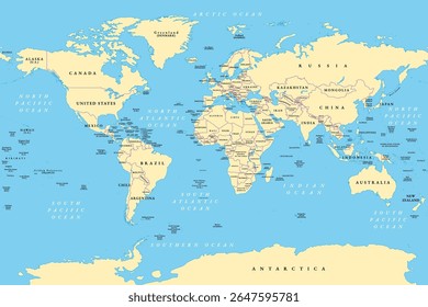 World, general reference map, political divisions. Political map with international country borders, continents, oceans, and largest lakes, in a cylindrical projection. English labeling. Vector