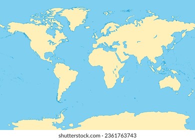 The world, general reference map. Map of the surface of the Earth with the landmasses of all continents, with largest lakes, oceans and seas, in a Miller cylindrical projection. Illustration. Vector.